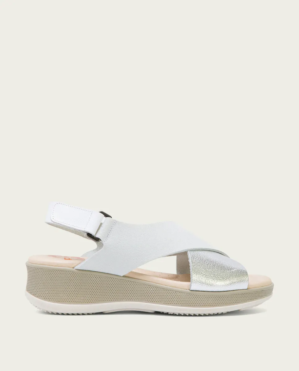 PORRONET Sandalia Cuña Piel Blanco Plata Flora Store