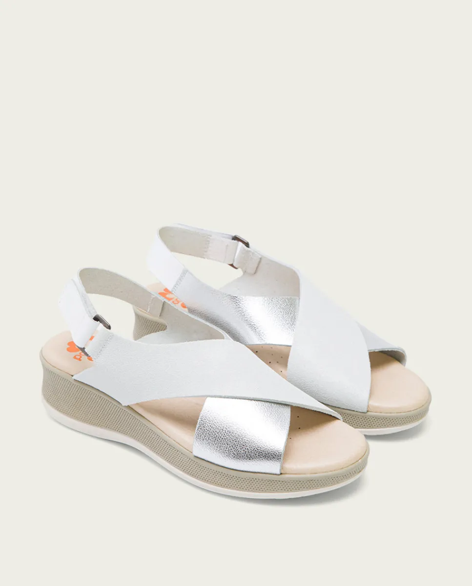 PORRONET Sandalia Cuña Piel Blanco Plata Flora Store