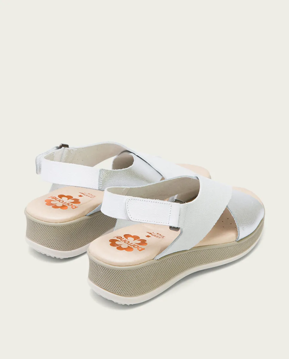 PORRONET Sandalia Cuña Piel Blanco Plata Flora Store