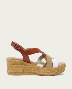 PORRONET Sandalia Cuña Piel Cuero Platino Iris Best