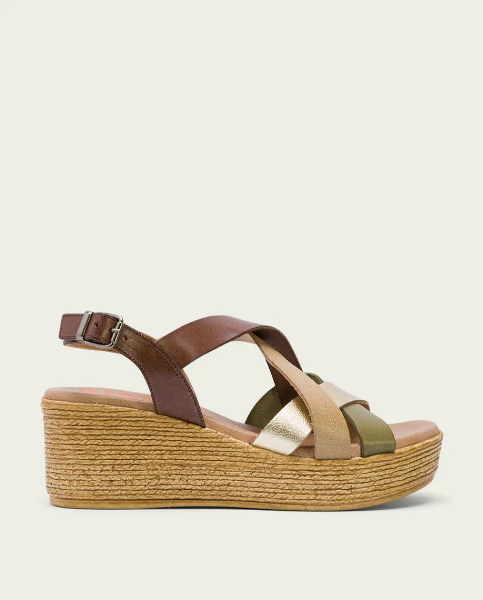 PORRONET Sandalia Cuña Piel Moka Platino Iris Fashion