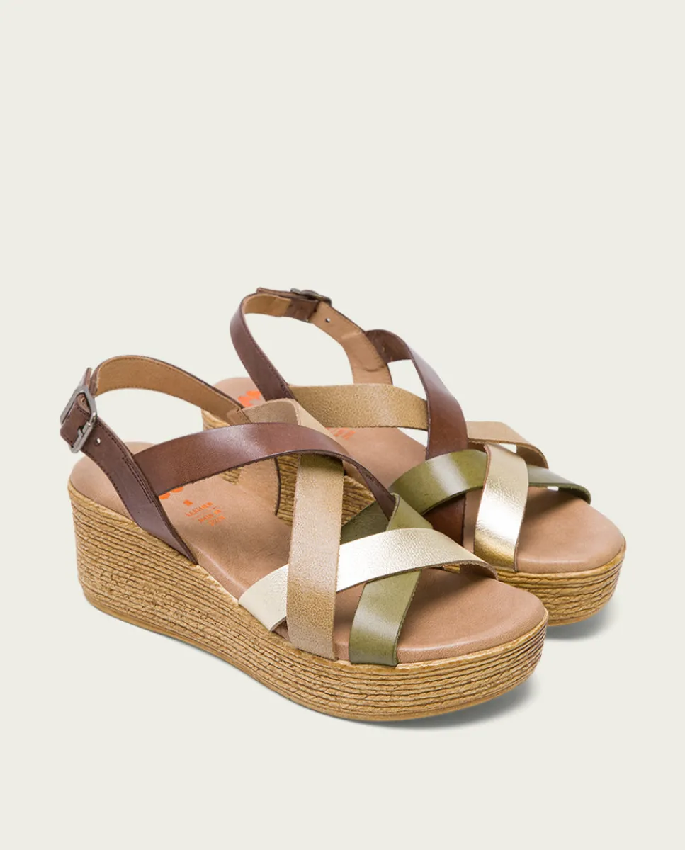 PORRONET Sandalia Cuña Piel Moka Platino Iris Fashion