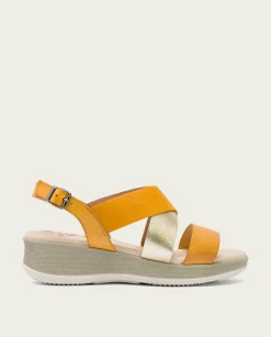PORRONET Sandalia Cuña Piel Mostaza Platino Fiama New