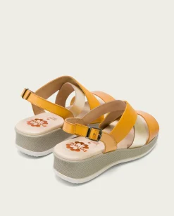 PORRONET Sandalia Cuña Piel Mostaza Platino Fiama New