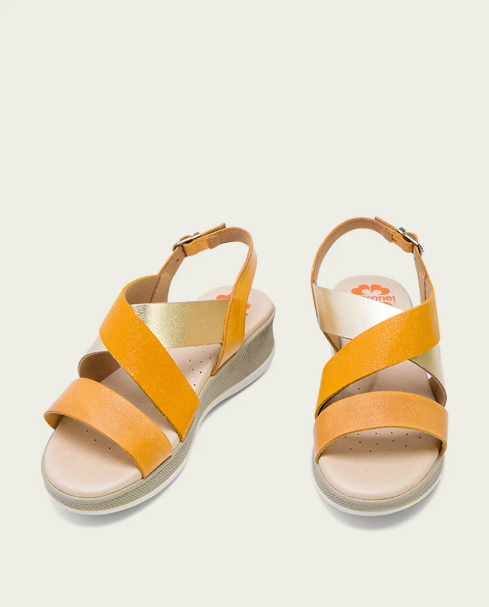 PORRONET Sandalia Cuña Piel Mostaza Platino Fiama New