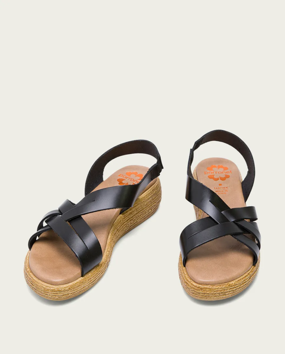 PORRONET Sandalia Cuña Piel Negra Ganga Best