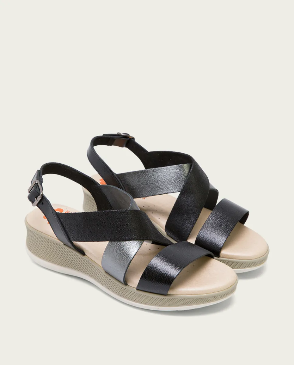 PORRONET Sandalia Cuña Piel Negro Plomo Fiama Best