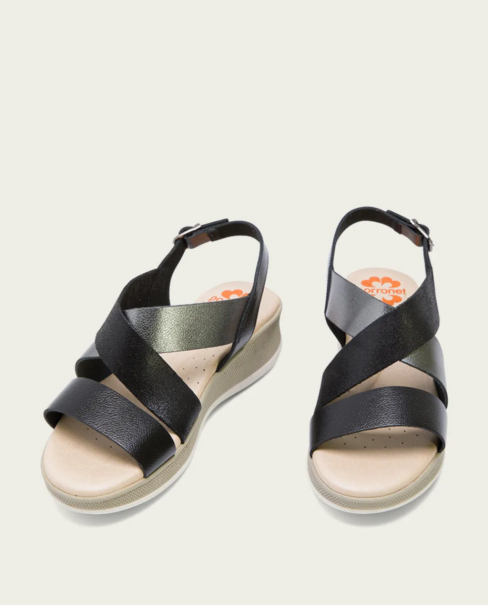 PORRONET Sandalia Cuña Piel Negro Plomo Fiama Best