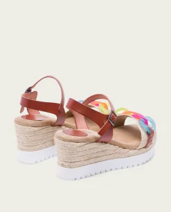 PORRONET Sandalia Cuña Piel Rafia Cuero-Colores Lola Discount
