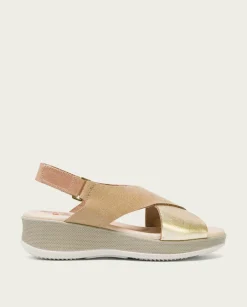 PORRONET Sandalia Cuña Piel Taupe Platino Flora Hot