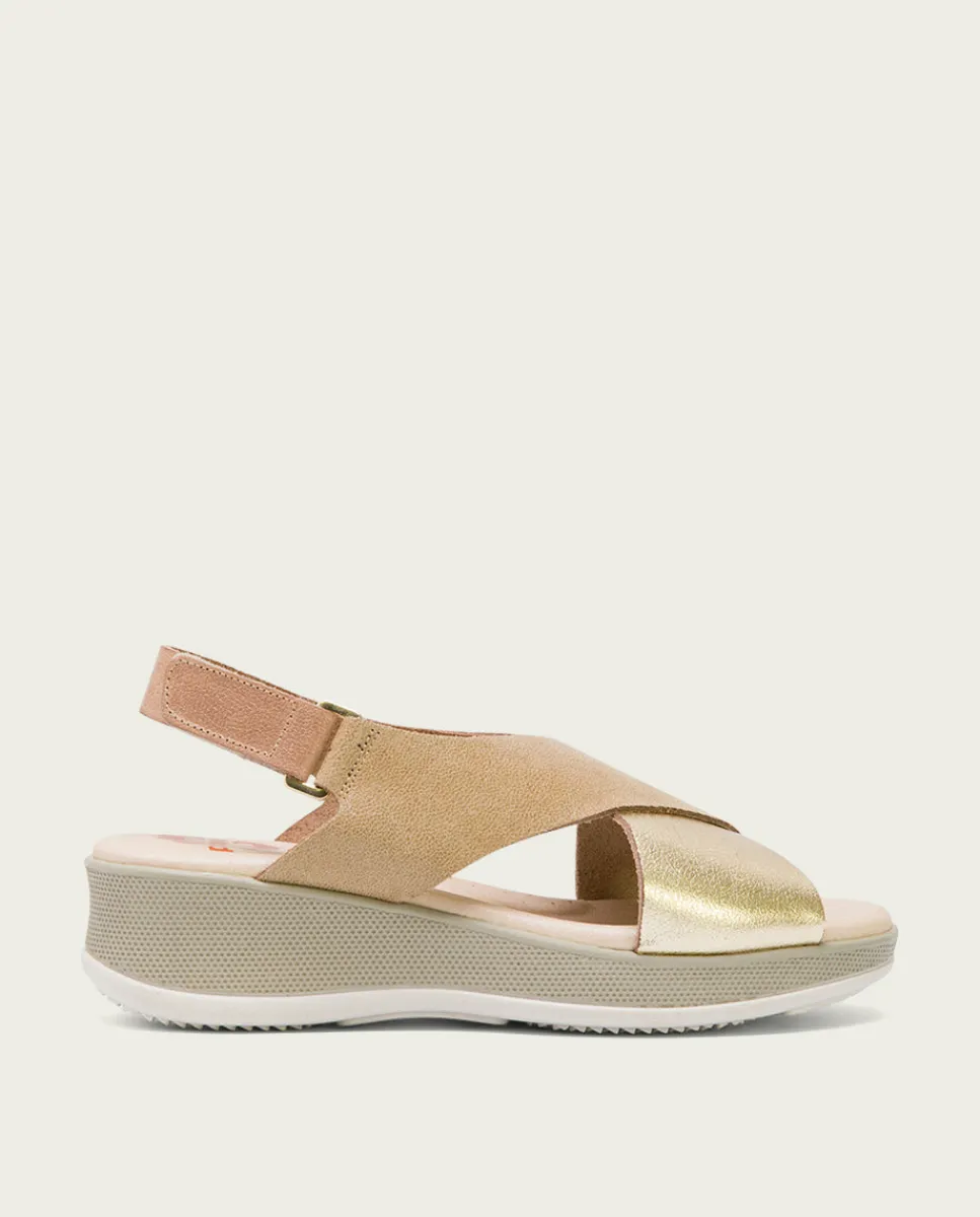 PORRONET Sandalia Cuña Piel Taupe Platino Flora Hot