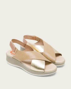 PORRONET Sandalia Cuña Piel Taupe Platino Flora Hot