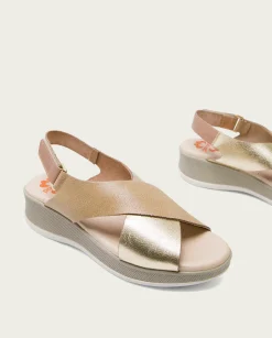 PORRONET Sandalia Cuña Piel Taupe Platino Flora Hot