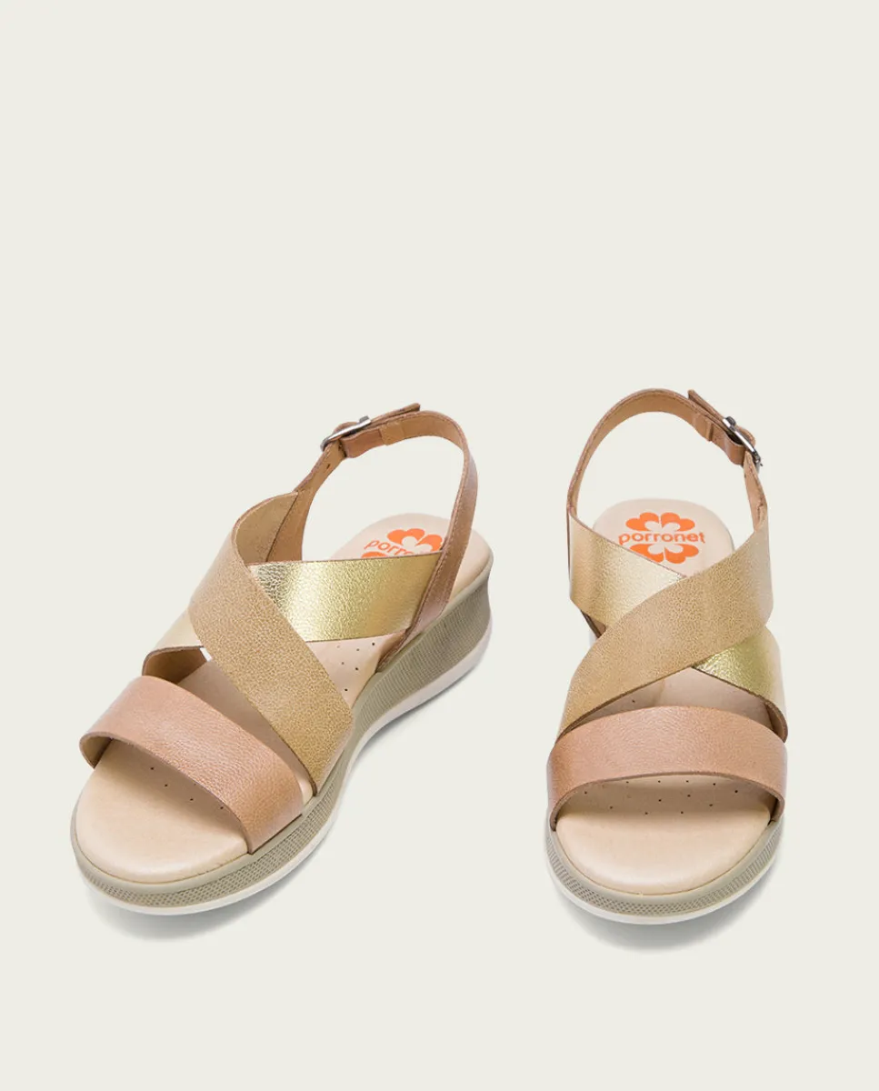 PORRONET Sandalia Cuña Piel Taupe Platino Fiama Discount