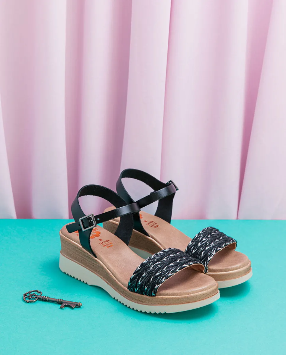 PORRONET Sandalia Cuña Piel Y Tejido Negro Lara Fashion
