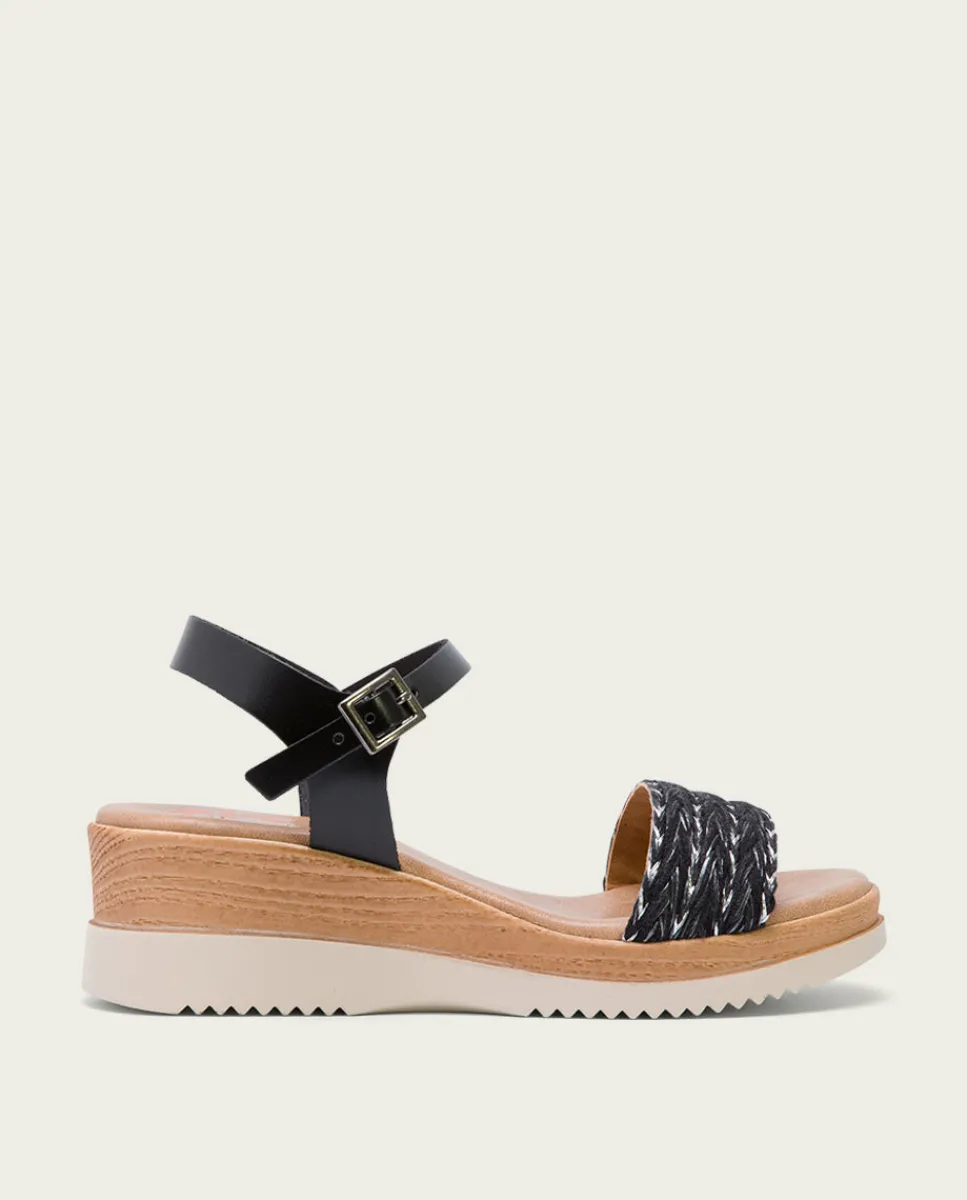 PORRONET Sandalia Cuña Piel Y Tejido Negro Lara Fashion