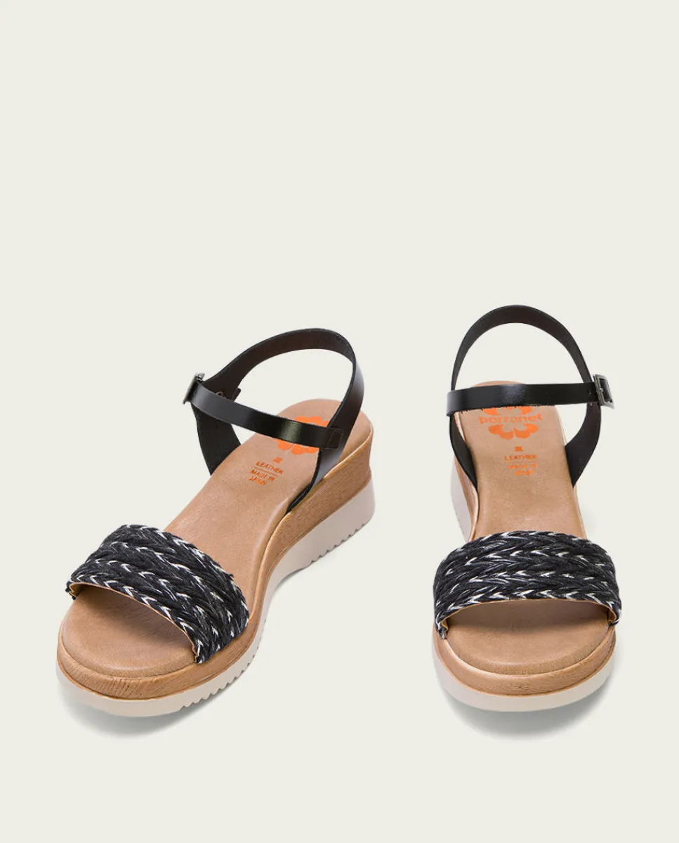 PORRONET Sandalia Cuña Piel Y Tejido Negro Lara Fashion
