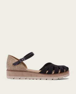 PORRONET Sandalia Cuña Serraje Negro Bianca Sale