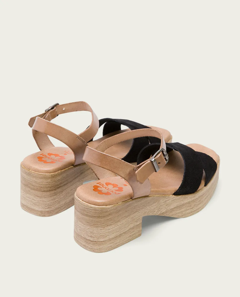 PORRONET Sandalia Tacón Bajo De Piel Taupe Negro Viviana Discount