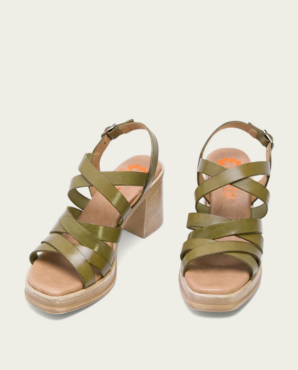 PORRONET Sandalia Tacón Medio De Piel Kaki Nerea Hot